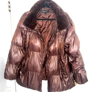 Warm brown puffer jacket with faux fur collar